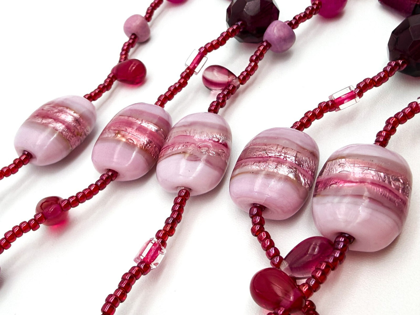 Murano Style Pink Art Glass Necklace Venetian Foil Beads Continuous Strand
