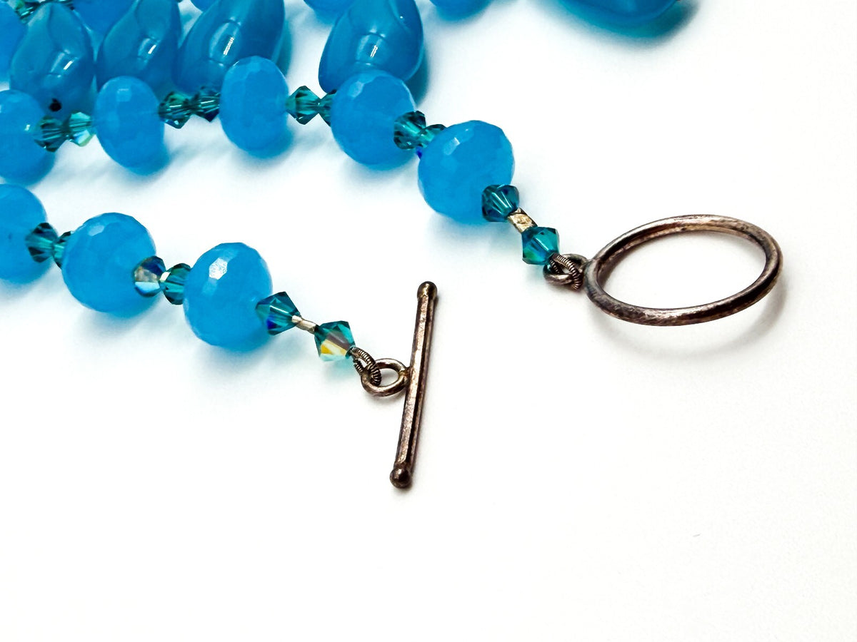 Turquoise Blue Glass Teardrop Fringe Statement Necklace Crystal Spacers Toggle