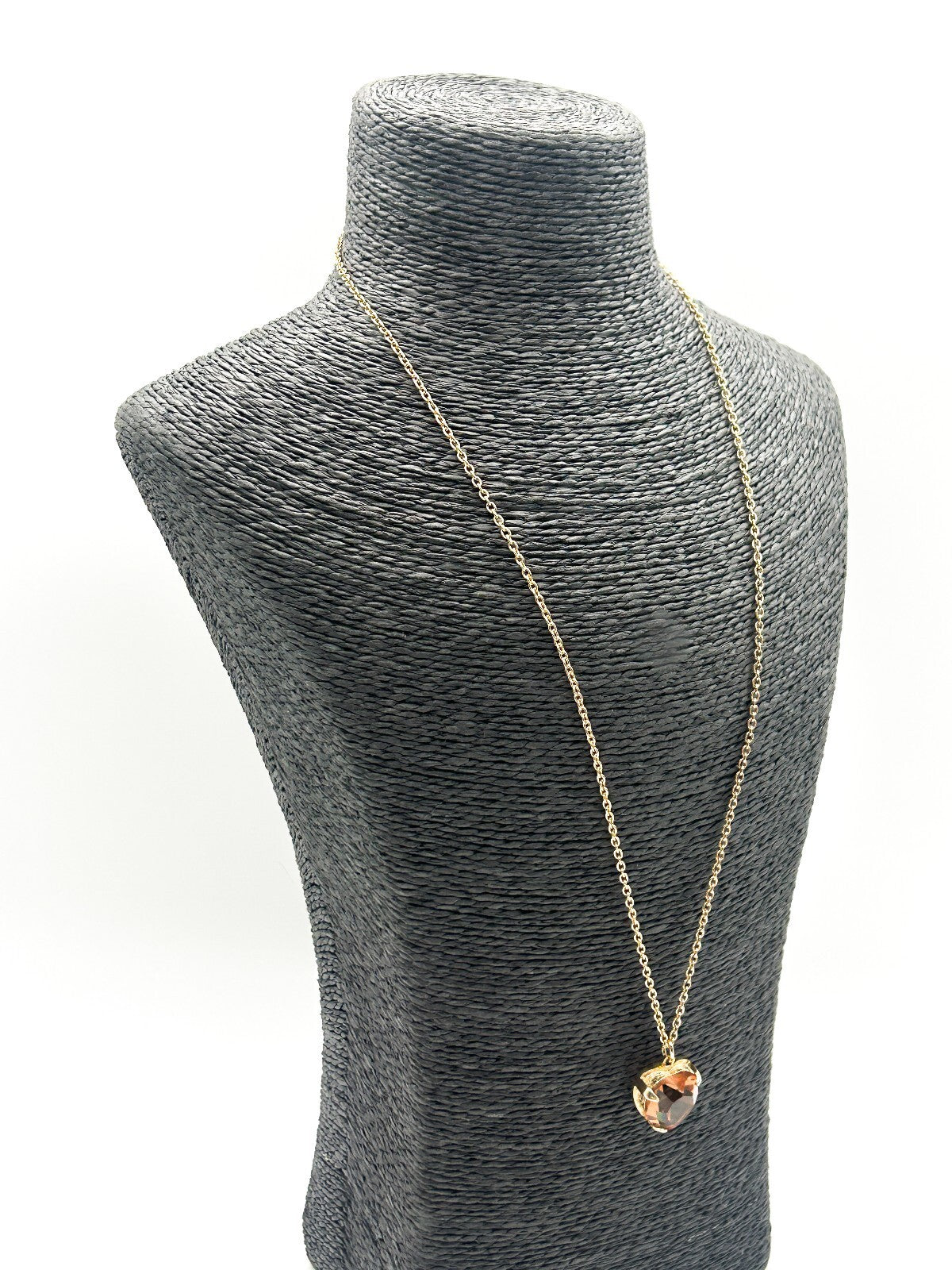 Vintage Gold Tone Smoky Amber Crystal Heart Pendant Necklace Faceted Glass 24”