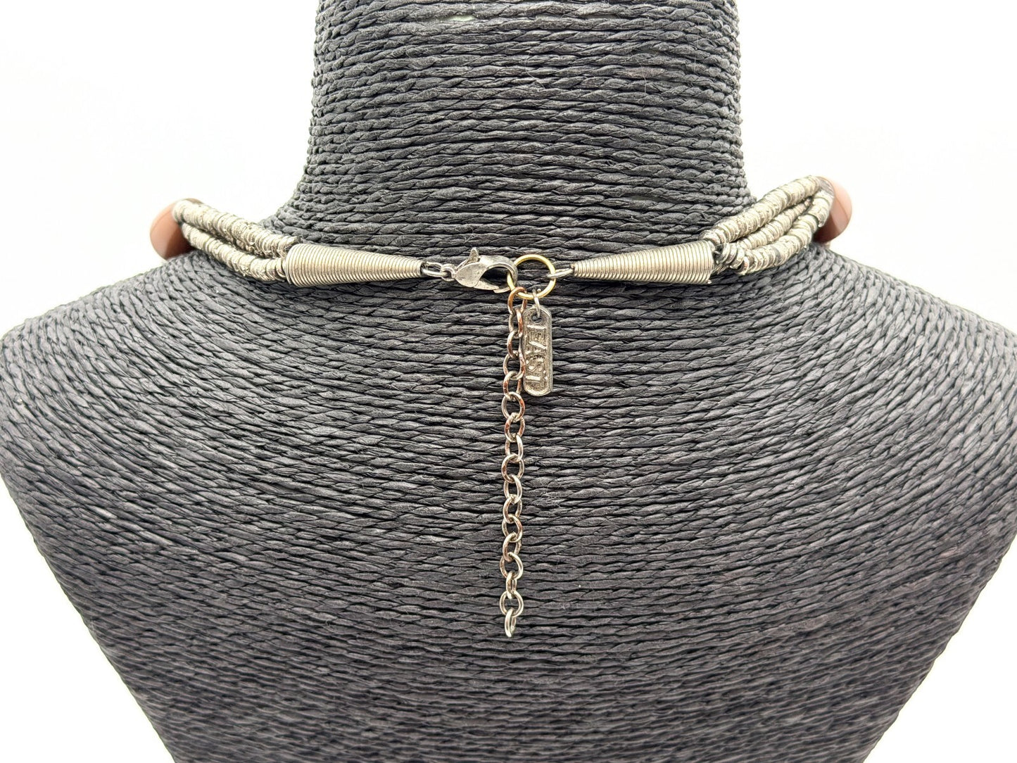 East Triple Strand Statement Necklace Silver Tone Coiled Beads Acrylic Bicone