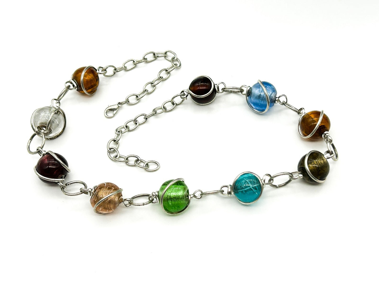 Vintage Multicolour Foil Art Glass Necklace Silver Tone Wrapped Beads Statement