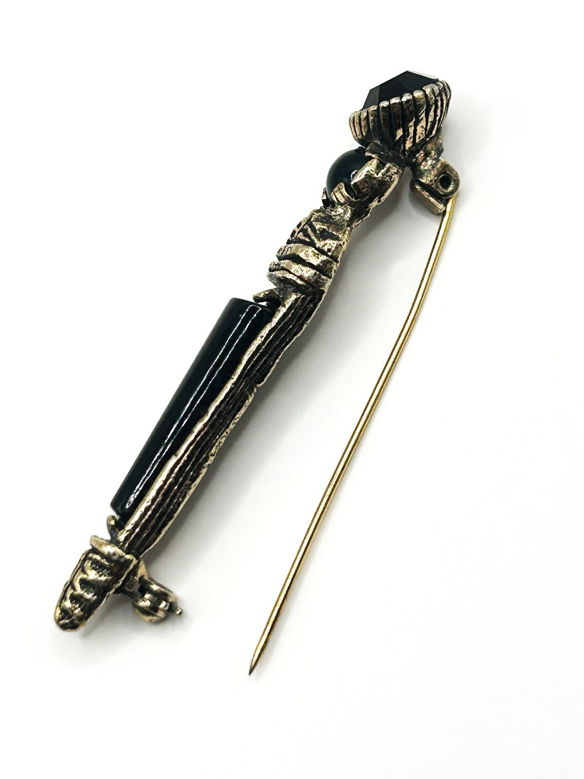 Vintage Miracle Black Glass Kilt Pin Brooch Antiqued Gold Tone Signed