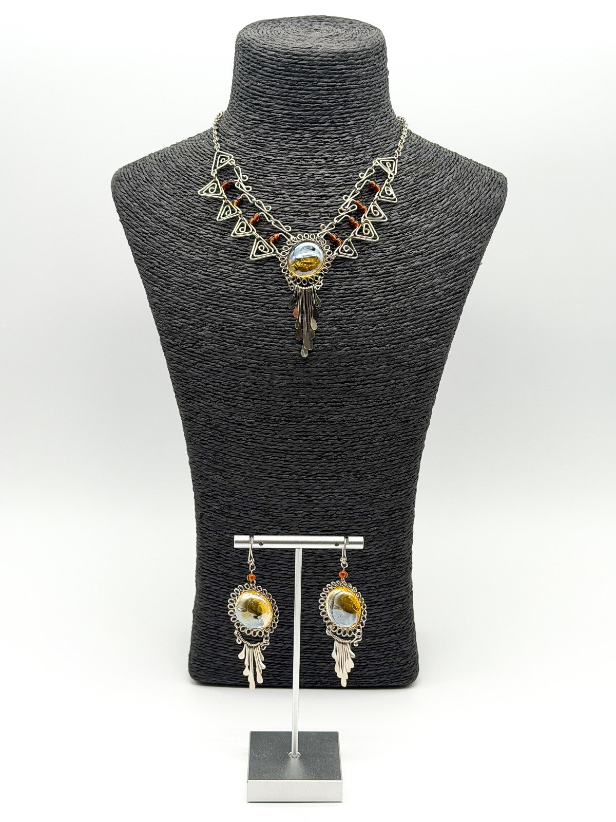 Peruvian Alpaca Necklace Earrings Set Yellow Glass Statement Boho Artisan
