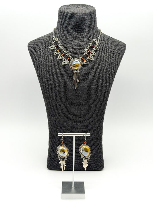 Peruvian Alpaca Necklace Earrings Set Yellow Glass Statement Boho Artisan