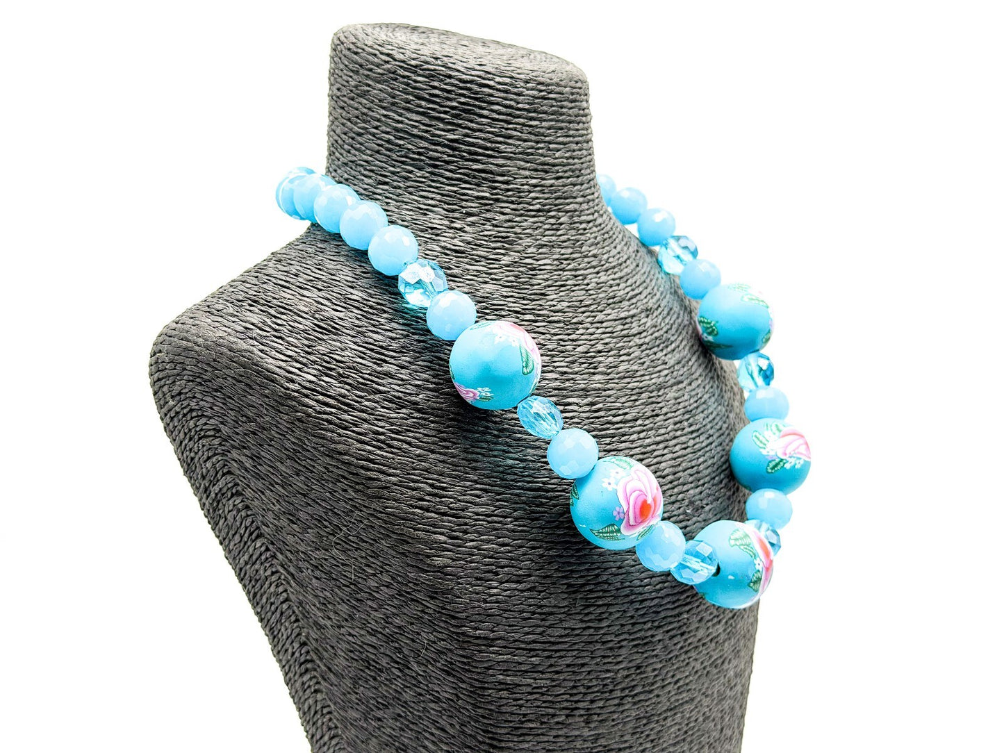 Blue Floral Statement Necklace Polymer Clay Rose Beads Faceted Glass Artisan