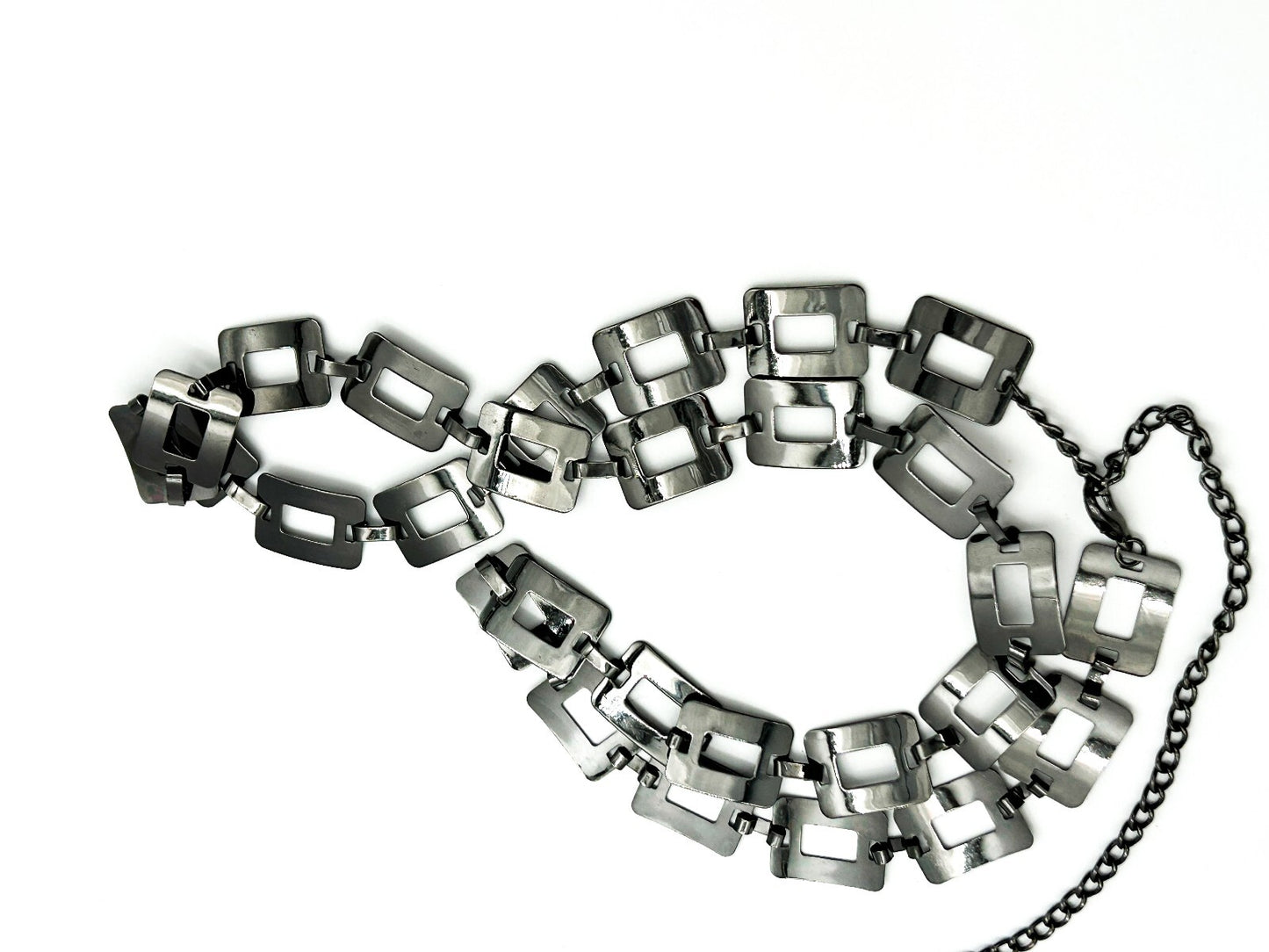 Vintage 1990s Gunmetal Rectangular Link Belt Adjustable Chain Waist Belt