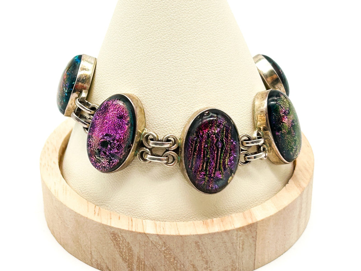 925 Sterling Silver Dichroic Glass Bracelet Purple Pink Artisan Panel Bracelet