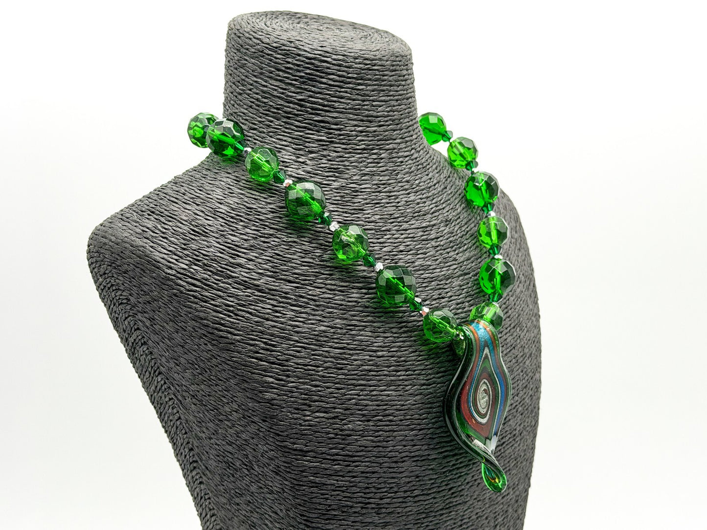 Murano Style Swirl Art Glass Pendant Necklace Green Crystal Glass Toggle Clasp