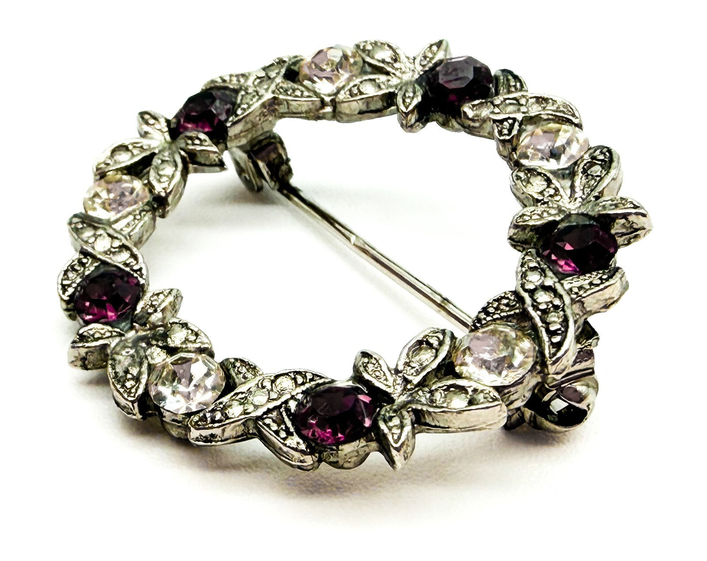Vintage Purple & Clear Rhinestone Wreath Brooch Silver Tone Floral Pin
