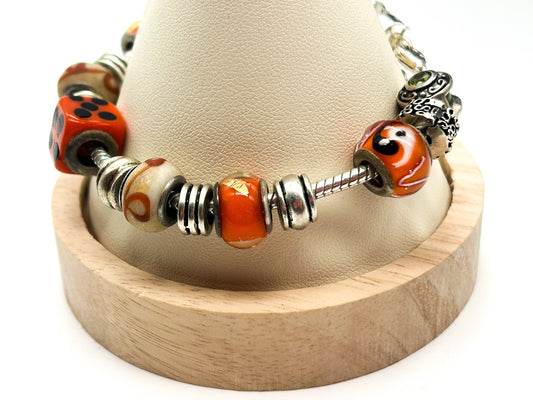 Orange Glass Charm Bracelet European Beads Yin Yang Dice 925 Sterling Charm