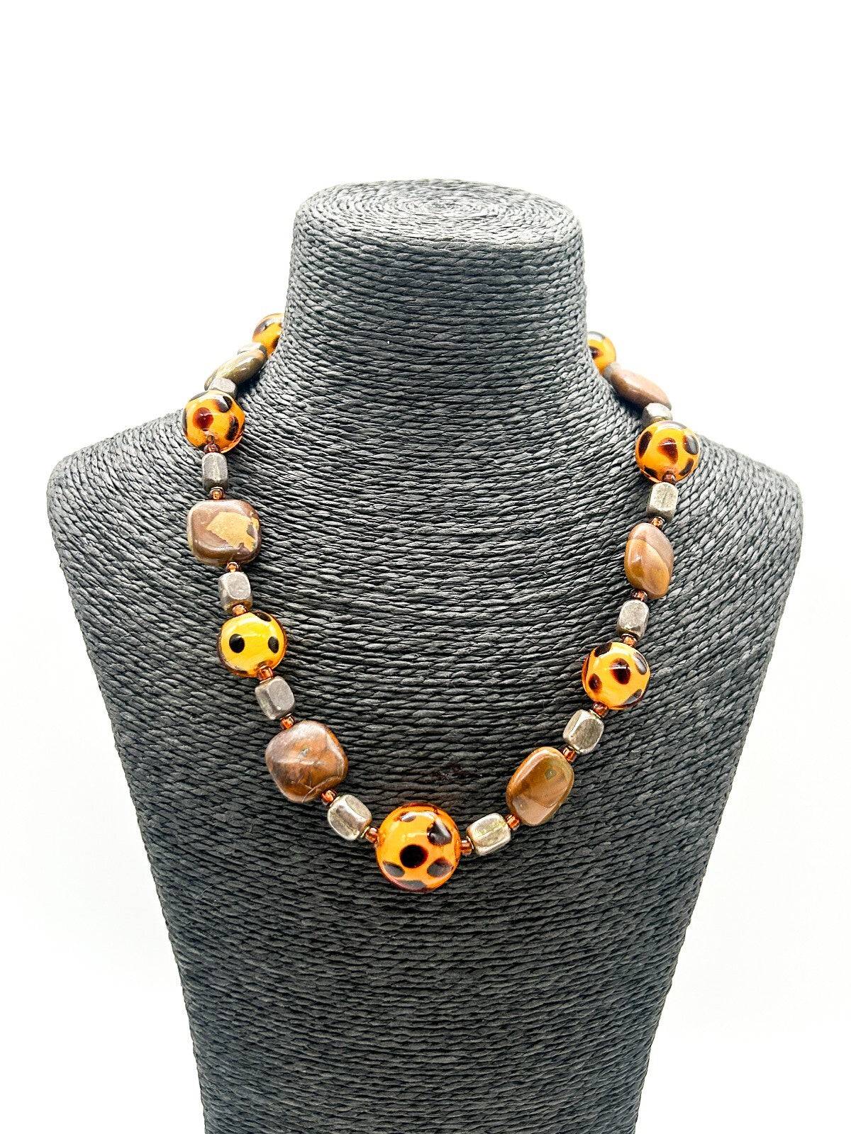 Vintage Jasper & Orange Spotted Glass Bead Necklace Leopard Print Style 19”