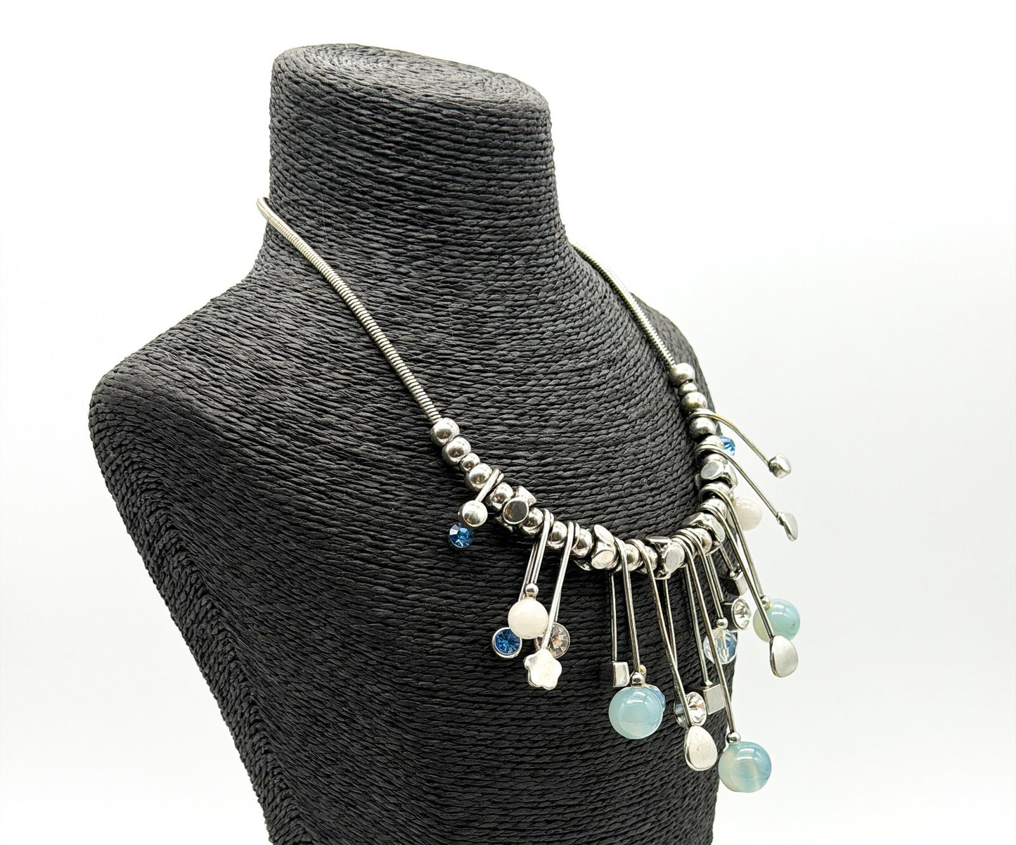 Atomic Statement Necklace Silver Tone Blue Rhinestone Opalite Fringe Modernist