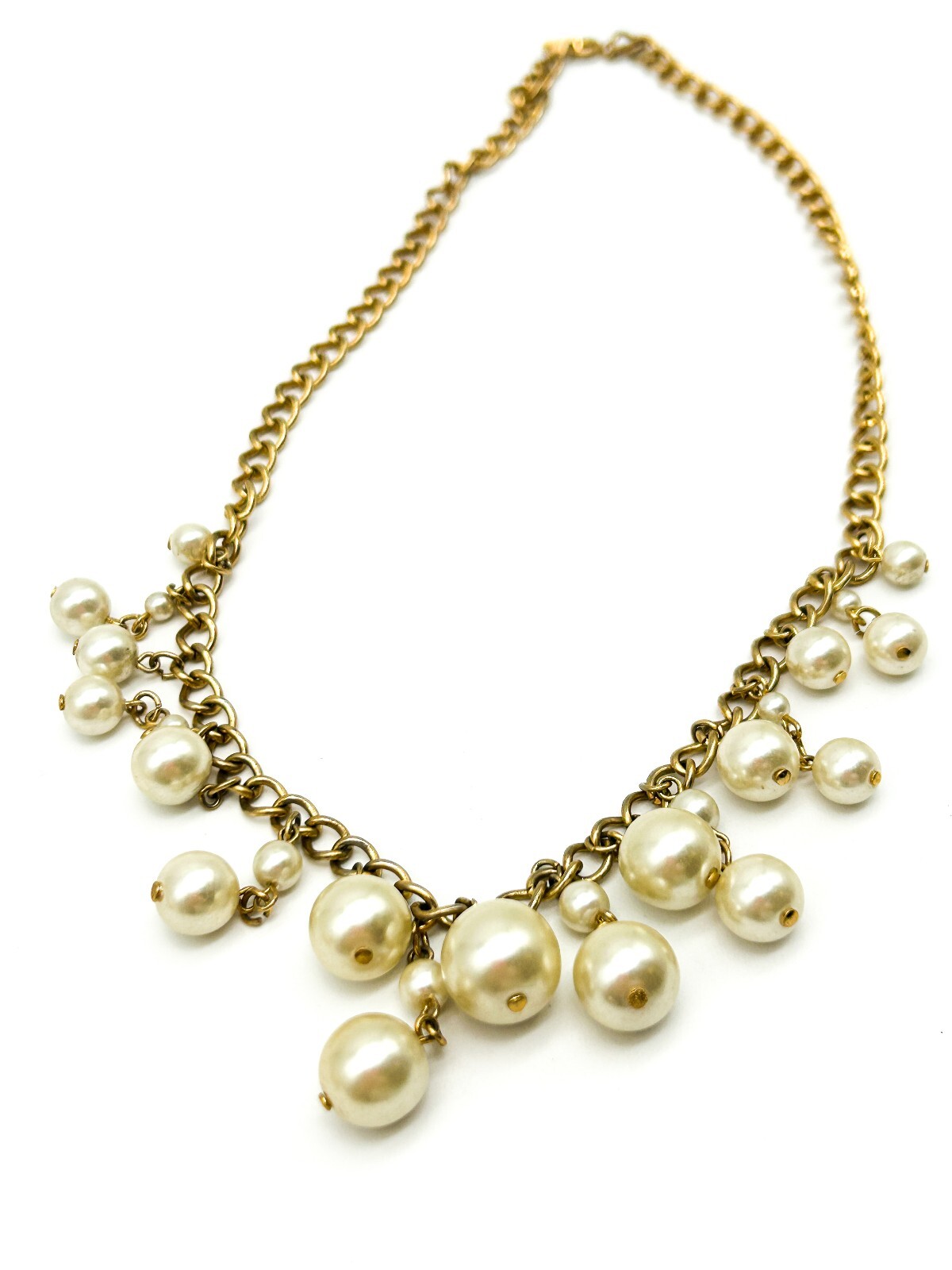Vintage Gold Tone Faux Pearl Cha Cha Bib Necklace Statement Necklace 17.5” Retro