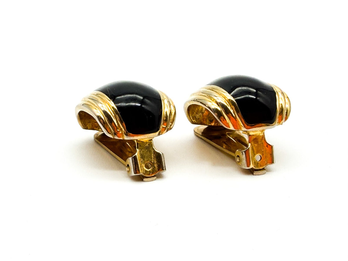 Vintage Black Gold Tone Clip On Earrings Ribbed Domed Retro Statement