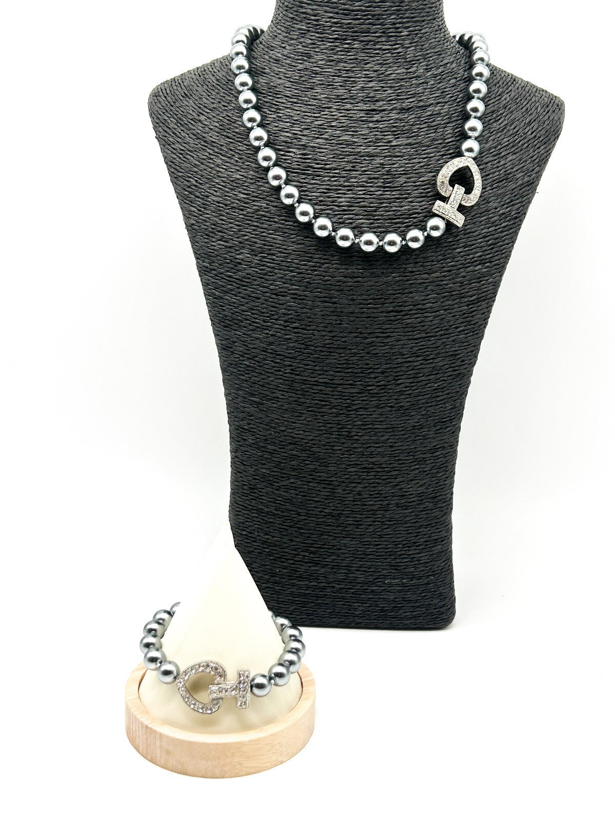 Vintage Grey Faux Pearl Necklace Bracelet Set Rhinestone Heart Clasp 19” 8.5”