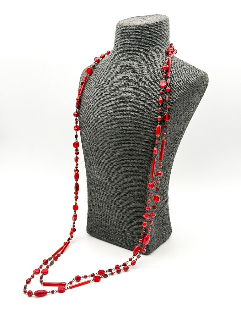Vintage Red Glass Tube Disc & Oval Bead Necklace Long Layering Continuous Strand