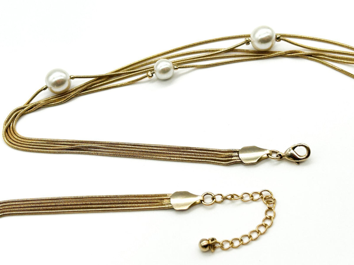 Vintage Gold Tone Multi Strand Snake Chain Necklace Faux Pearl Long Layered