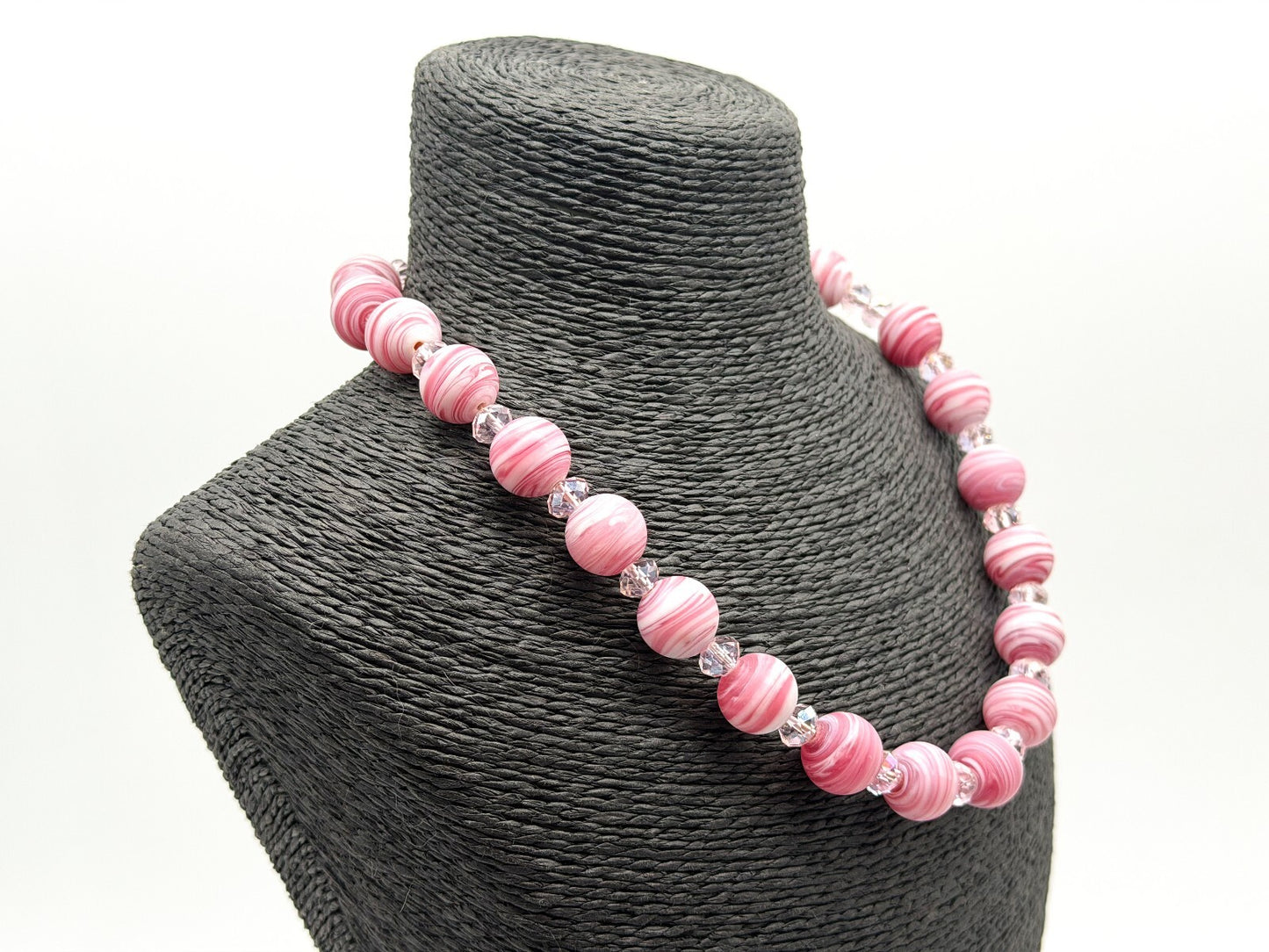 Pink Swirl Art Glass Bead Necklace Crystal Spacer Statement Toggle 18.5”