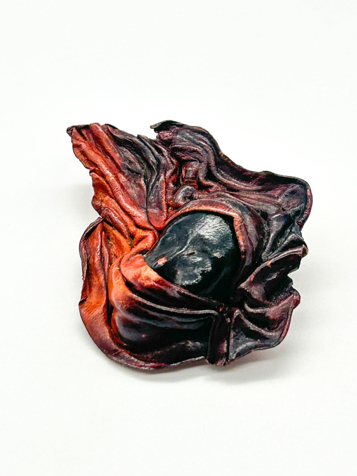 Vintage Hand Moulded Leather Veiled Face Brooch Artisan Sculpted Figural Pin