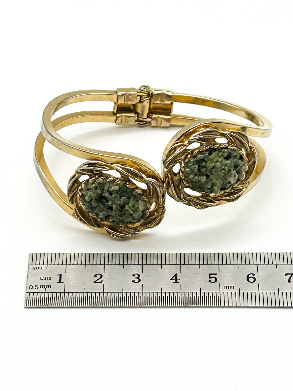 Vintage Gold Tone Faux Jade Glass Clamper Bangle Hinged Bracelet