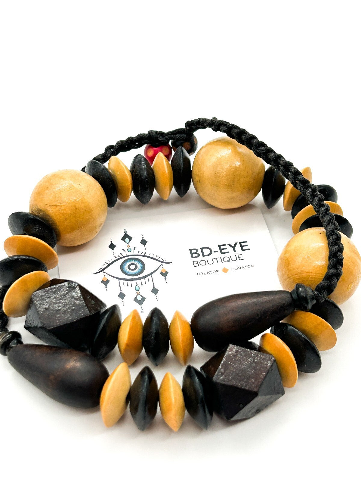 Vintage Black Beige Wooden Bead Necklace Long Chunky Bohemian Statement Retro