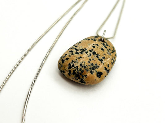 Dalmatian Jasper Pendant Necklace Natural Gemstone Silver Tone Snake Chain