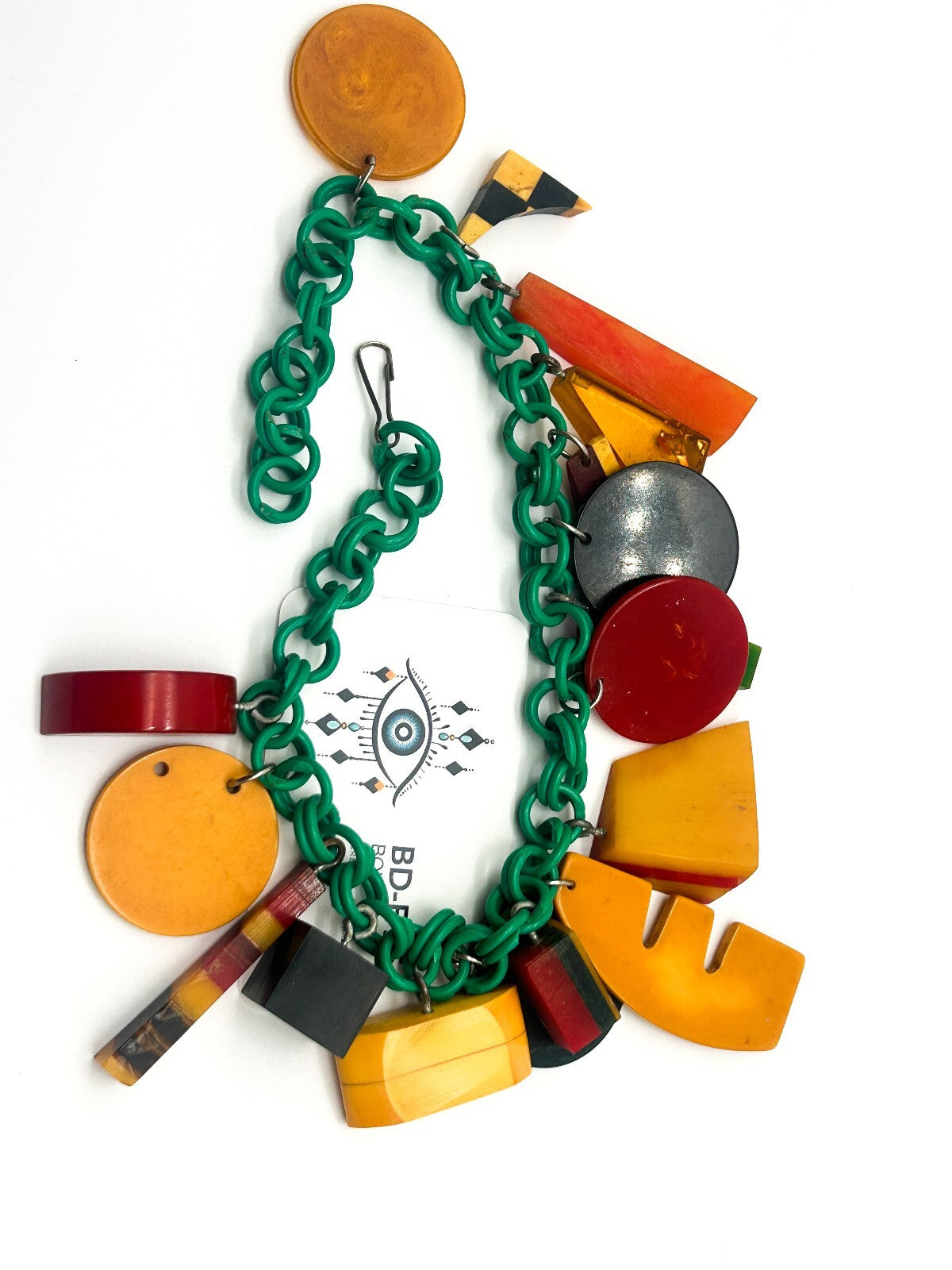 Vintage Bakelite Charm Necklace Attrib. Jan Carlin Celluloid Chain Statement
