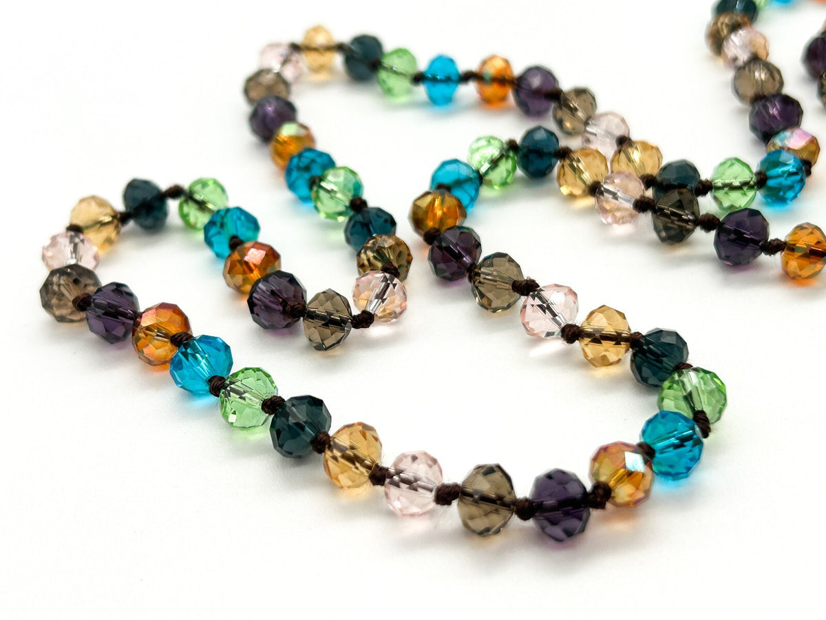 Vintage Multicolour Faceted Crystal Glass Necklace Hand Knotted Rainbow 23"