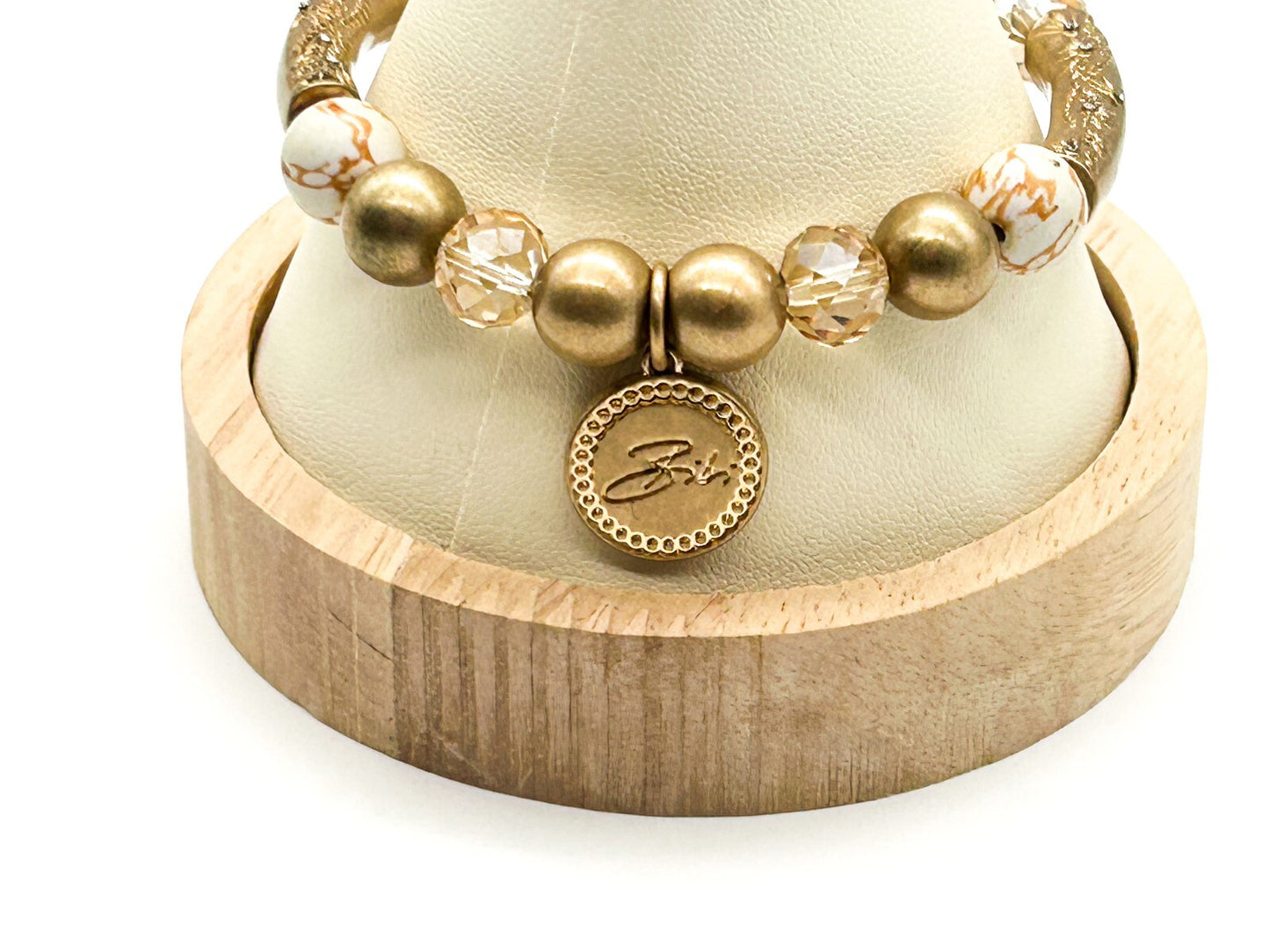 Signed Bibi Bijoux Ornate Heart Charm Bracelet Gold Tone Crystal Marble Stretch