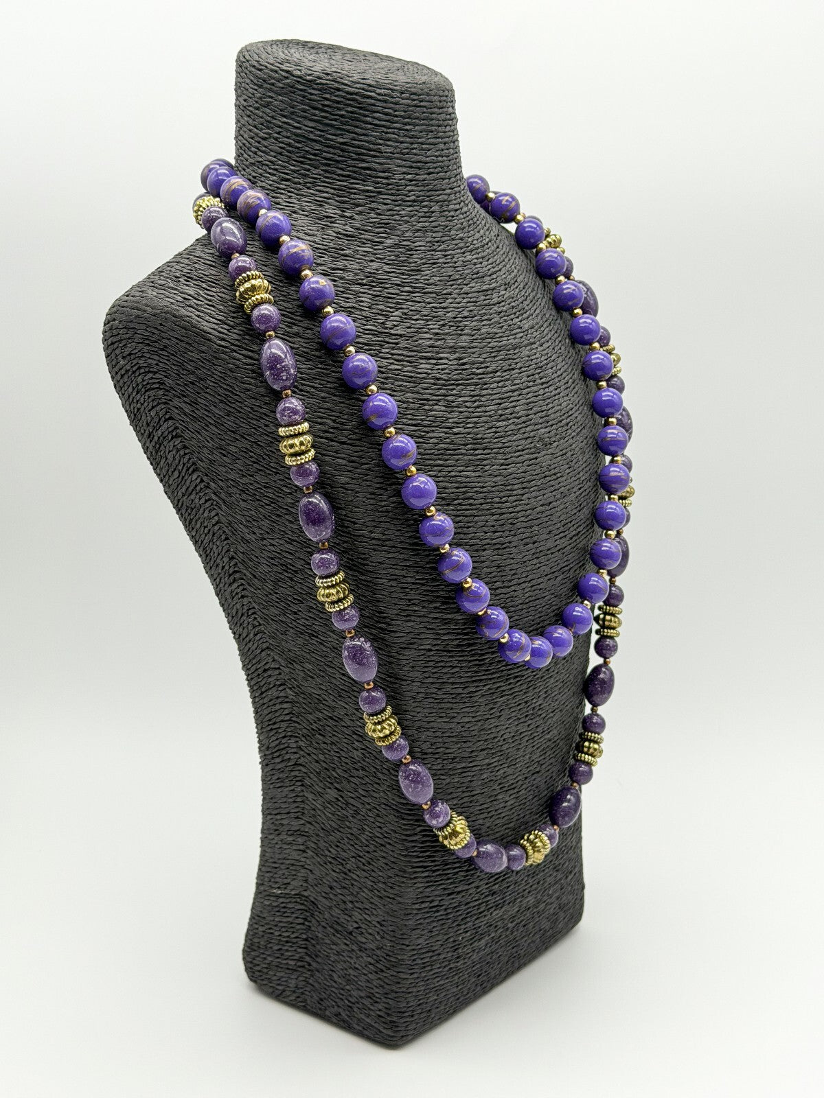 Vintage Purple Marbled Acrylic Bead Necklaces Gold Swirl Beads Necklace Duo