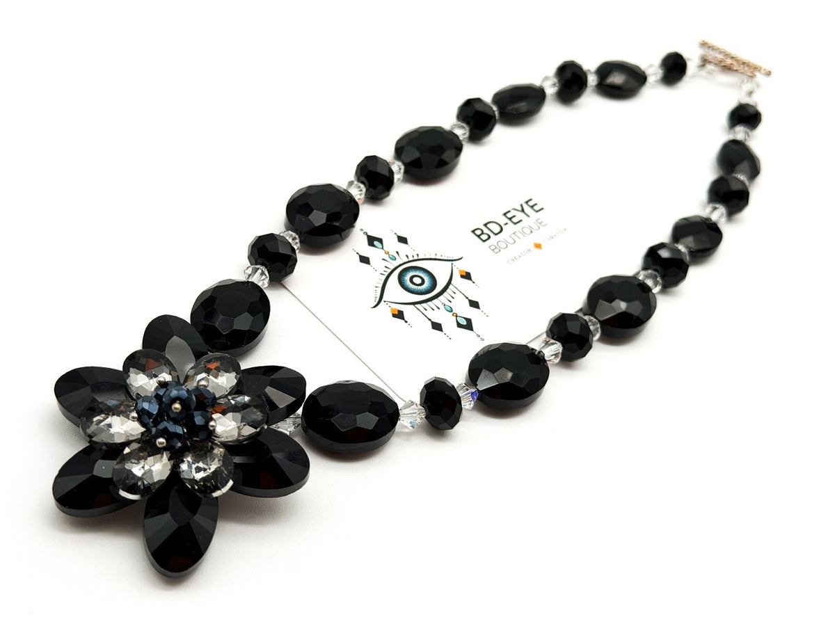 Black Crystal Flower Statement Necklace Earrings Set Faceted Glass Evening Wear
