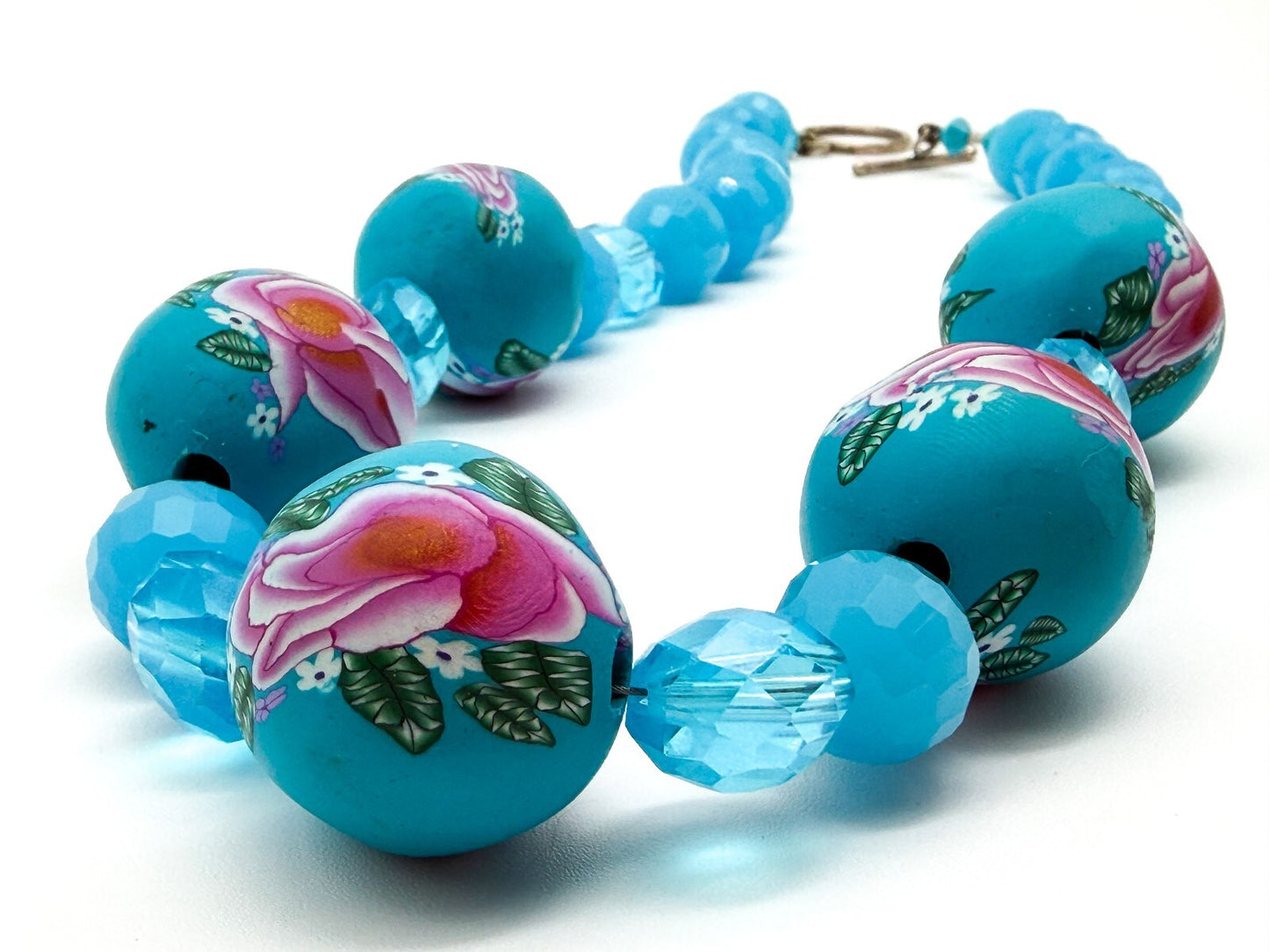 Blue Floral Statement Necklace Polymer Clay Rose Beads Faceted Glass Artisan