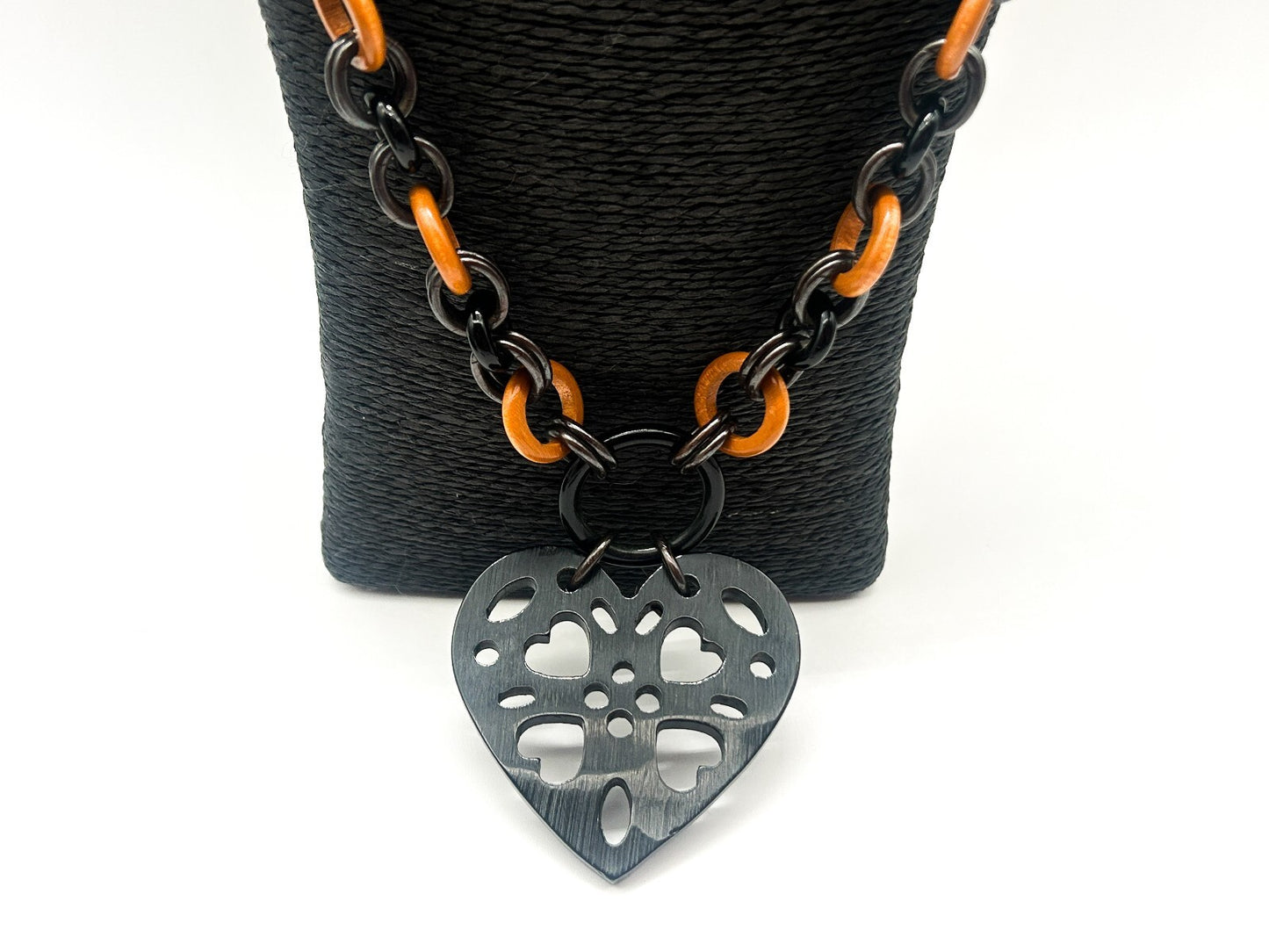 Vintage Moschino Black Acrylic Heart Pendant Necklace & Clip-On Earrings Set