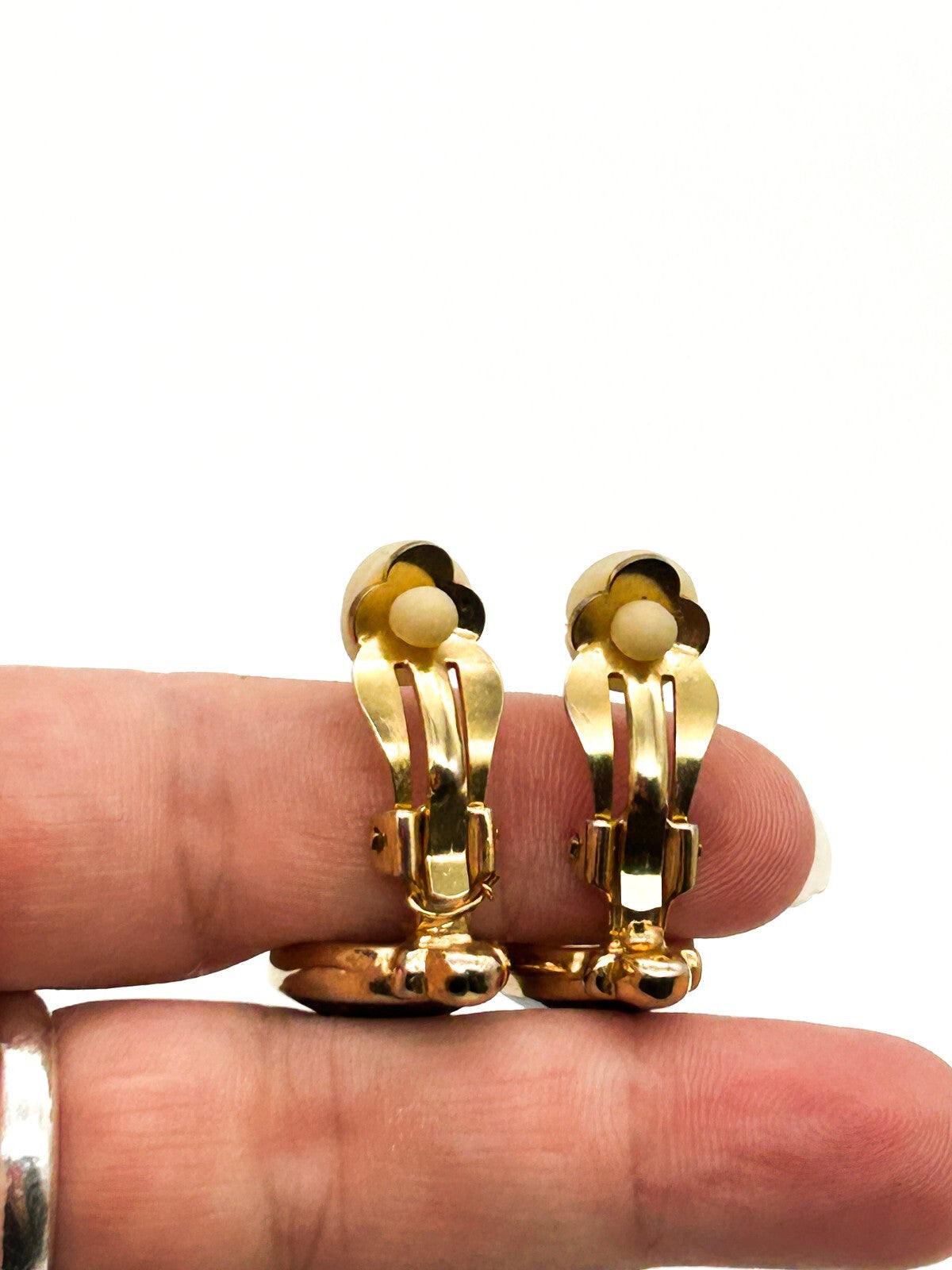 Vintage Gold Tone Black Enamel Clip On Earrings Clear Rhinestone Oval Deco Style