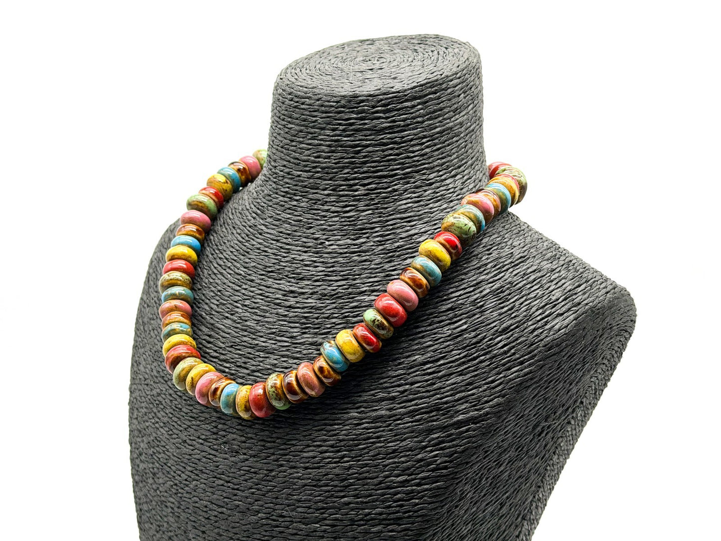 Multicolour Glazed Ceramic Disc Necklace Artisan Boho Statement Toggle Earthy