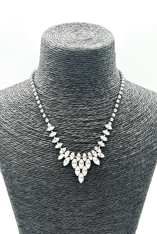 Vintage Clear Marquise Rhinestone Statement Necklace Silver Tone Bridal Wedding