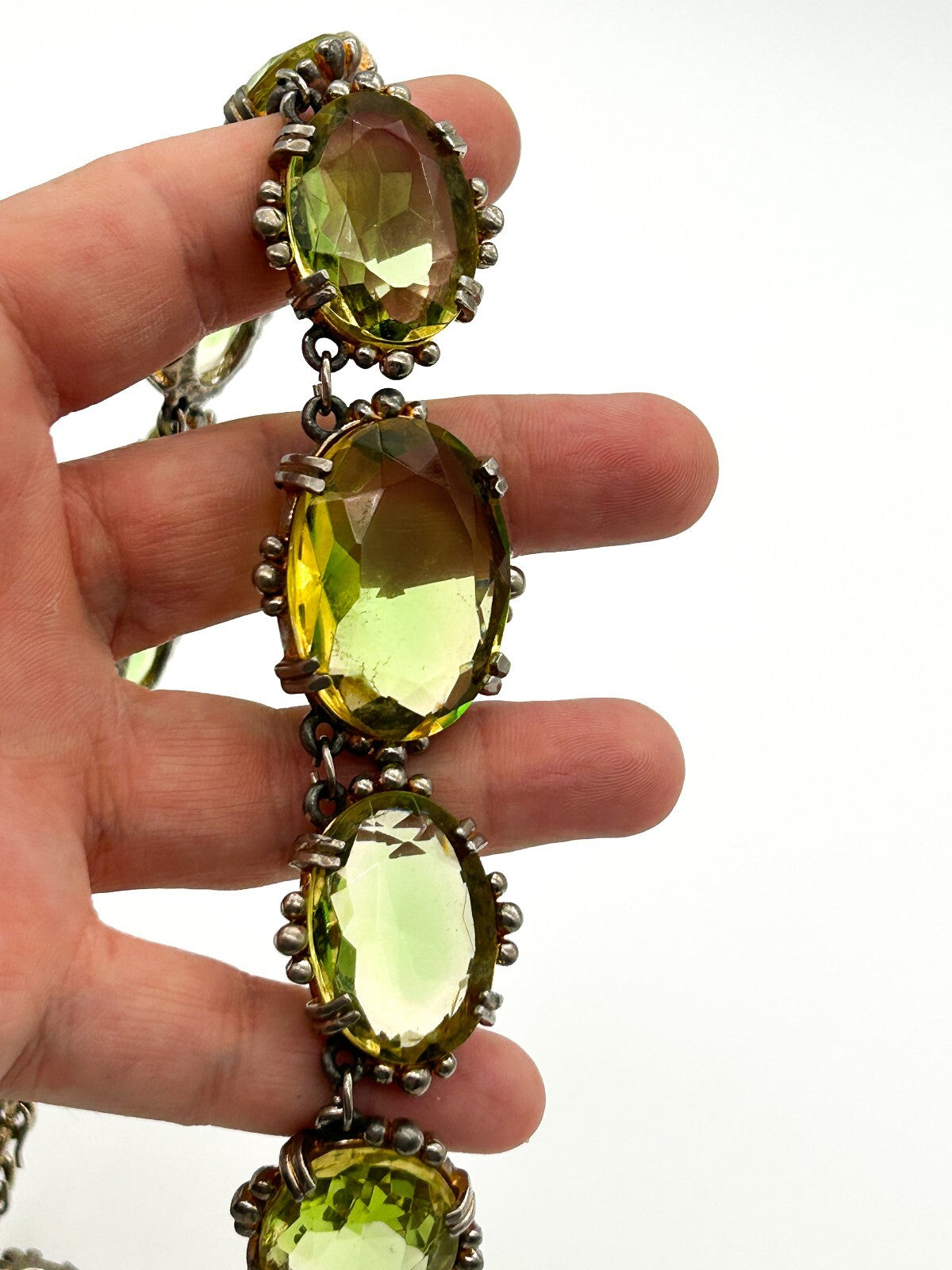 Vintage Lime Green Yellow Faceted Glass Statement Necklace Prong Oval Crystal