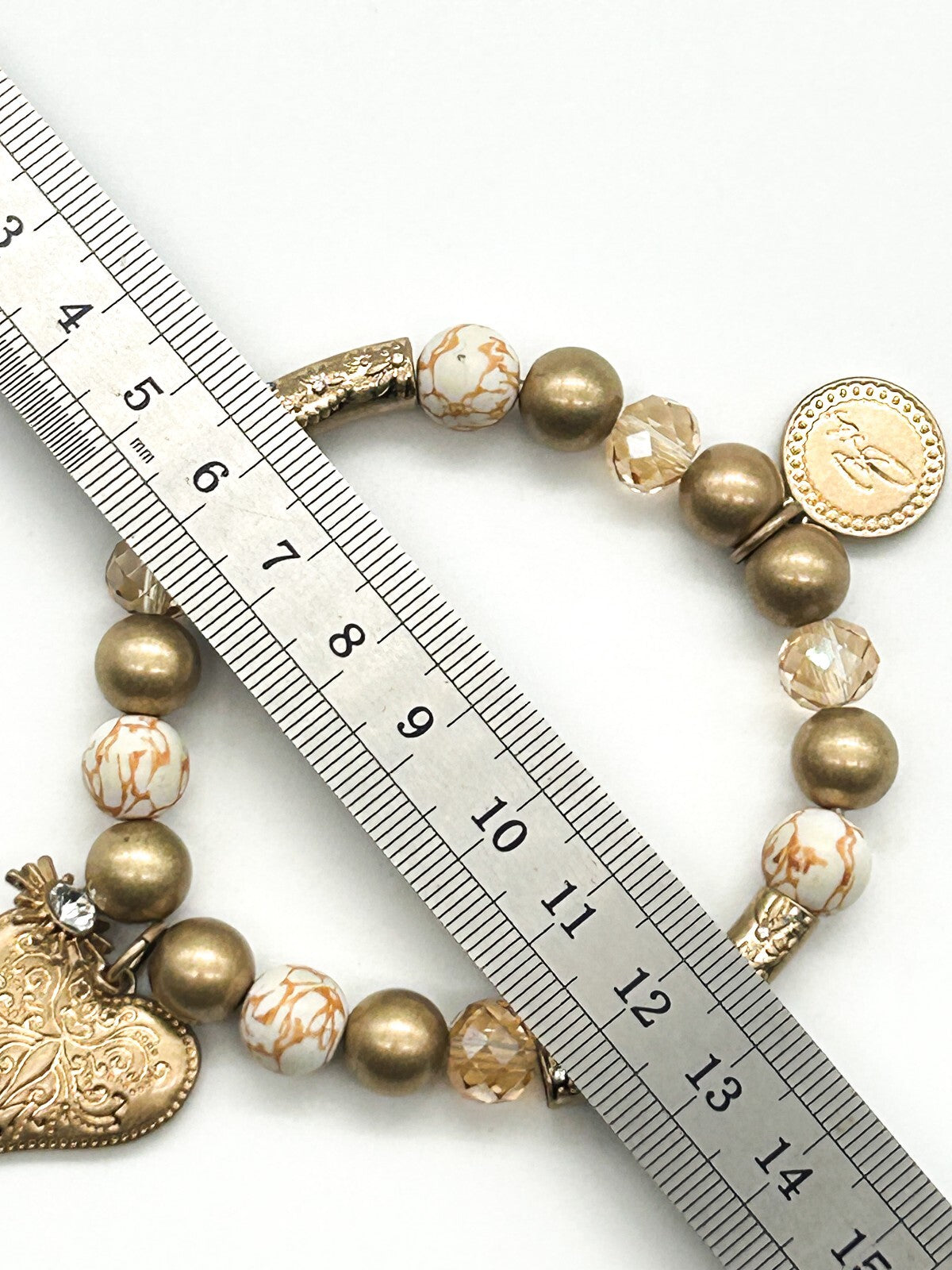 Signed Bibi Bijoux Ornate Heart Charm Bracelet Gold Tone Crystal Marble Stretch