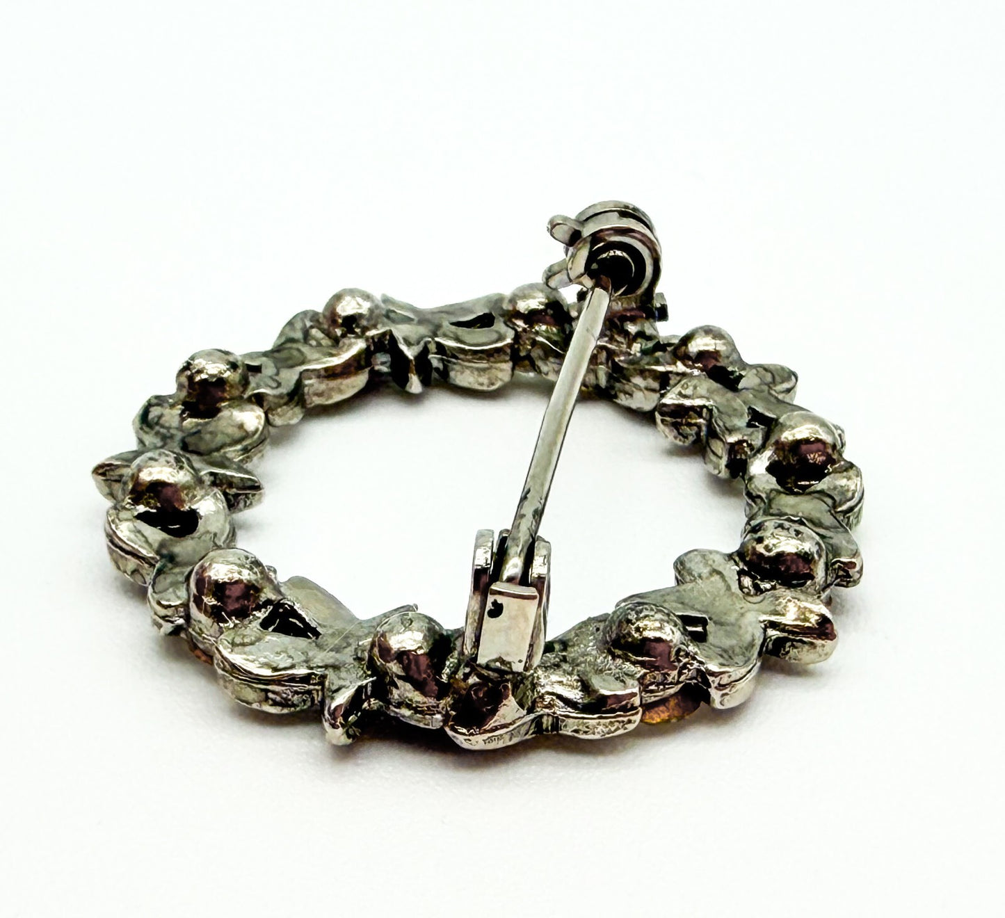Vintage Purple & Clear Rhinestone Wreath Brooch Silver Tone Floral Pin