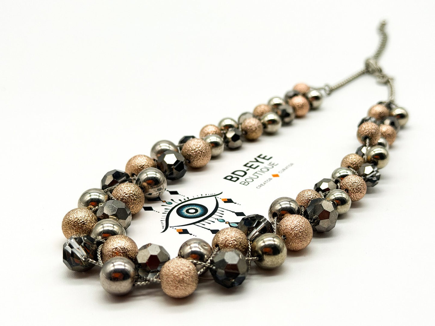 M&S Double Row Necklace Silver Rose Gold Tone Smoky Faceted Glass Beads 17”