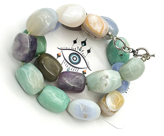 Chunky Semi Precious Gemstone Necklace Banded Agate Blue Lace Amethyst Calcite