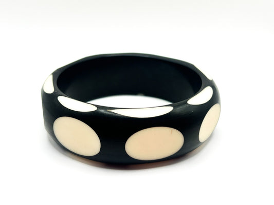 Vintage Black Cream Polka Dot Chunky Acrylic Bangle Bracelet Retro Mod