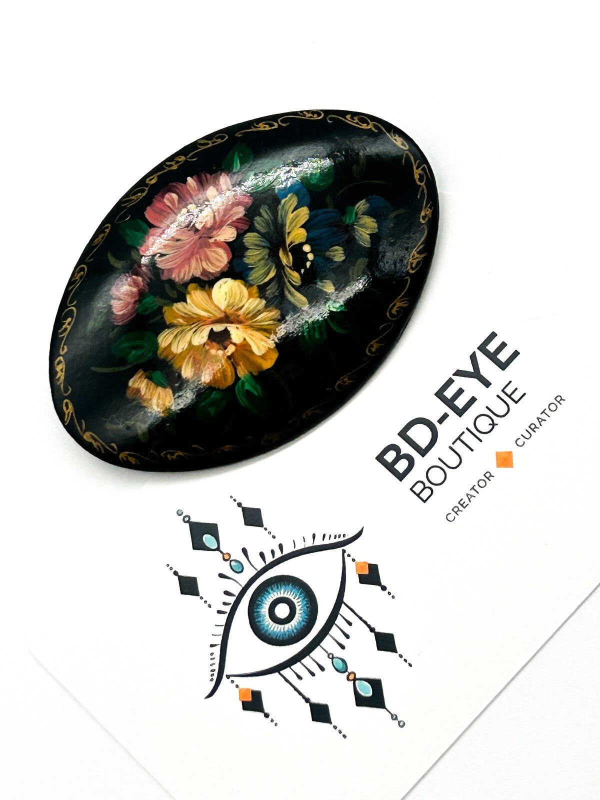 Vintage Russian Hand Painted Lacquer Floral Brooch Signed Black Gold Flower Pin