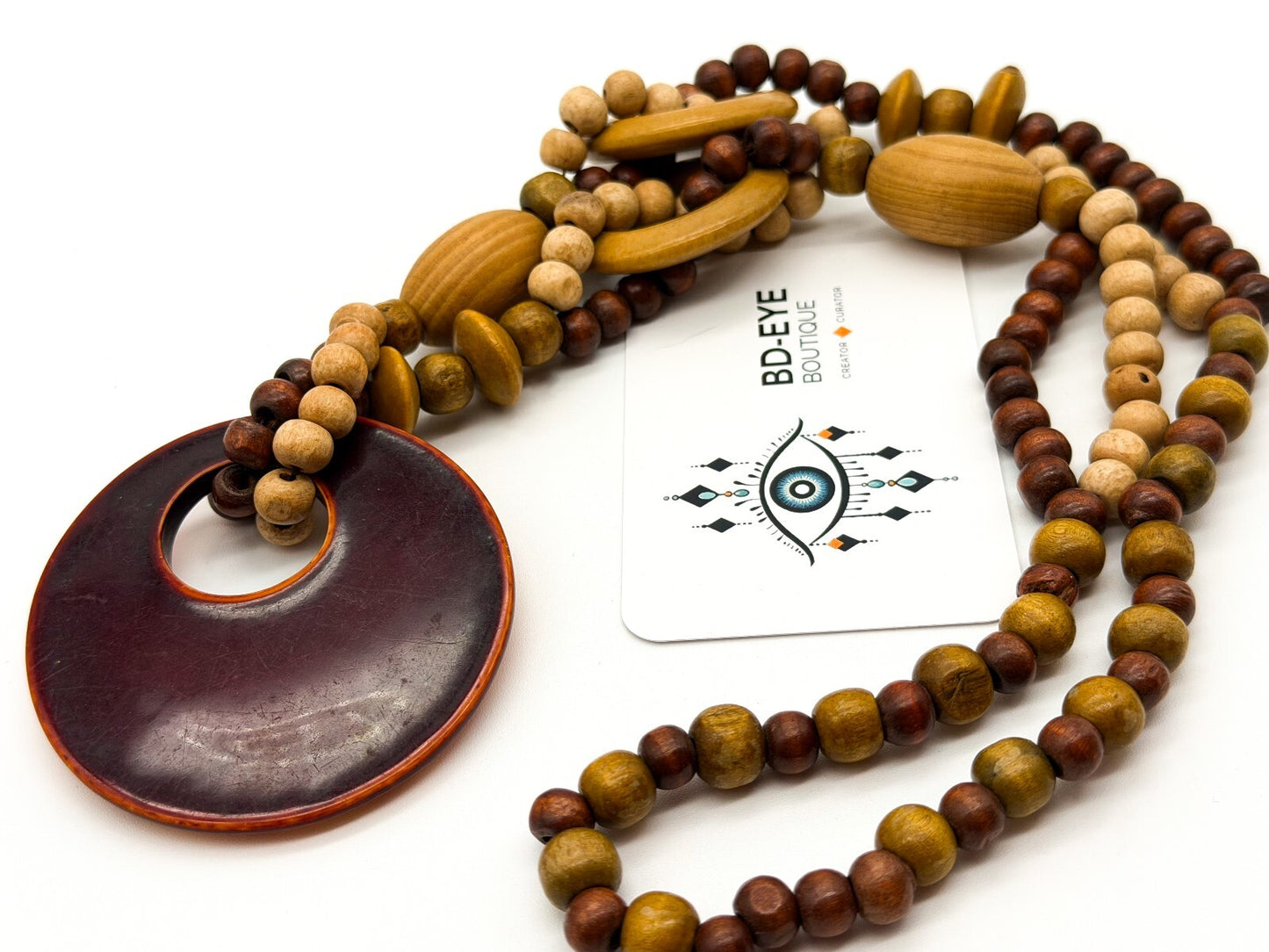 Boho Wood & Resin Statement Necklace Large Disc Pendant Natural Wooden Beads