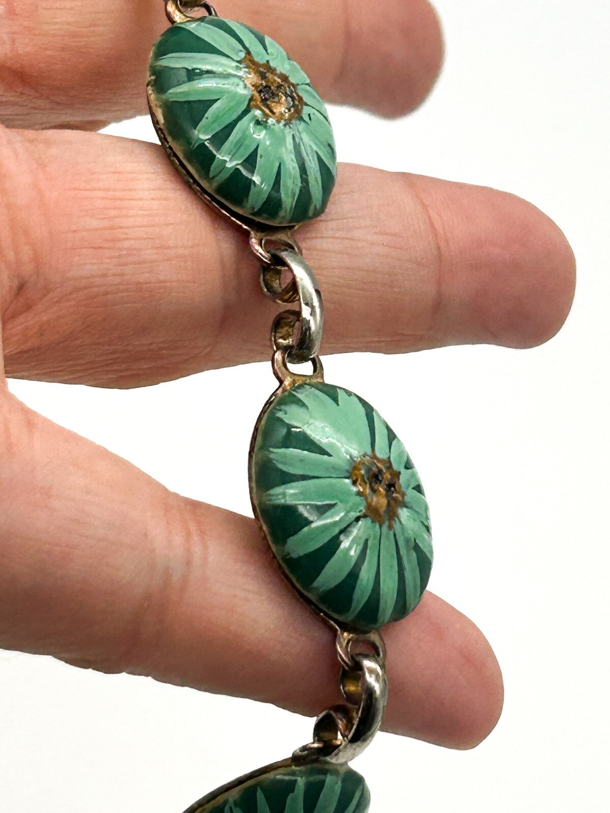 Vintage Hand Painted Ceramic Panel Bracelet Teal Green Floral Link Bracelet 8.5”