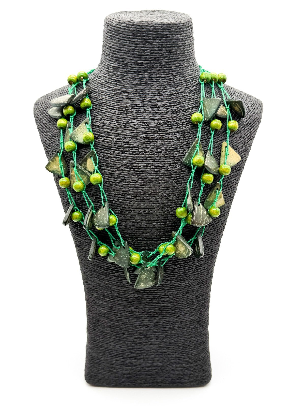 Boho Green Coconut Shell & Wood Bead Necklace Hand Knotted Statement
