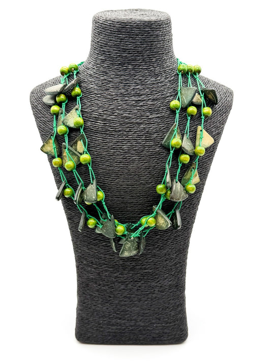 Boho Green Coconut Shell & Wood Bead Necklace Hand Knotted Statement