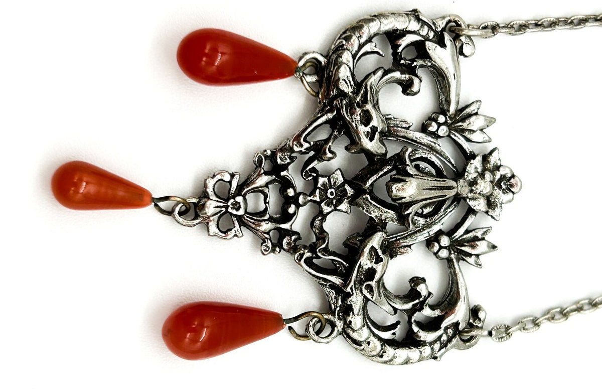 Vintage Art Nouveau Style Pendant Necklace Silver Tone Orange Glass Drops