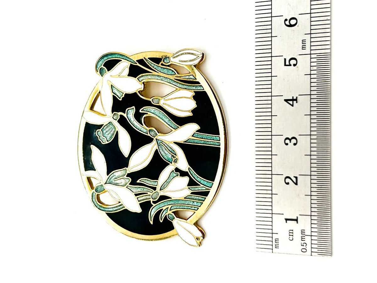 Vintage Fish & Crown Cloisonné Enamel White Floral Snowdrop Brooch Gold Tone Pin