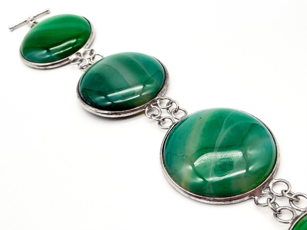 925 Sterling Silver Plated Green Agate Link Bracelet Open Bezel Gemstone Toggle